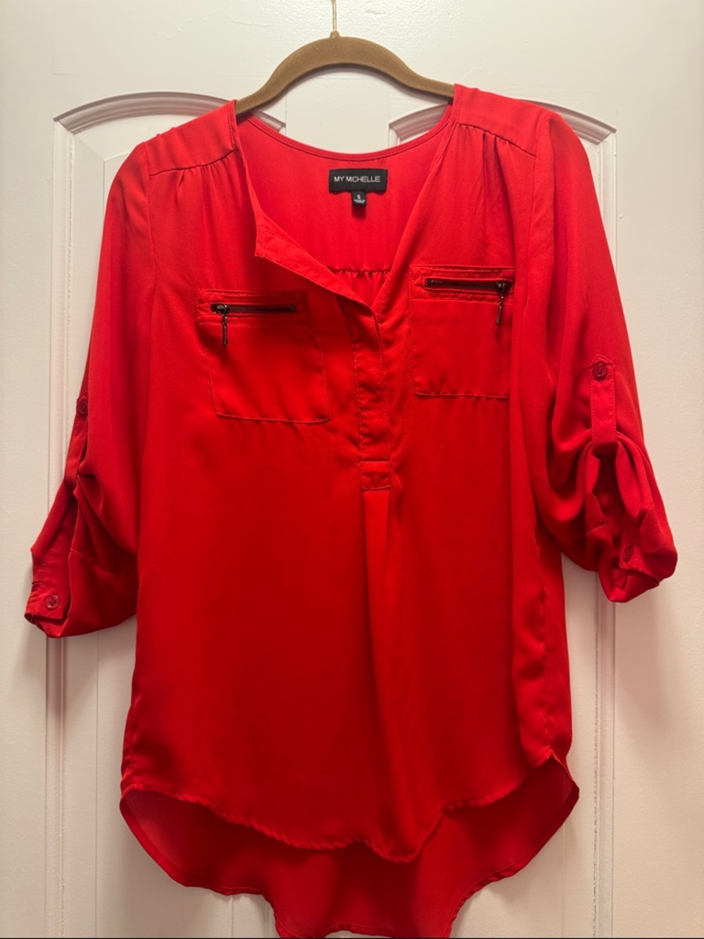 My Michelle Vibrant Red Zip-Pocket Roll-Sleeve Blouse